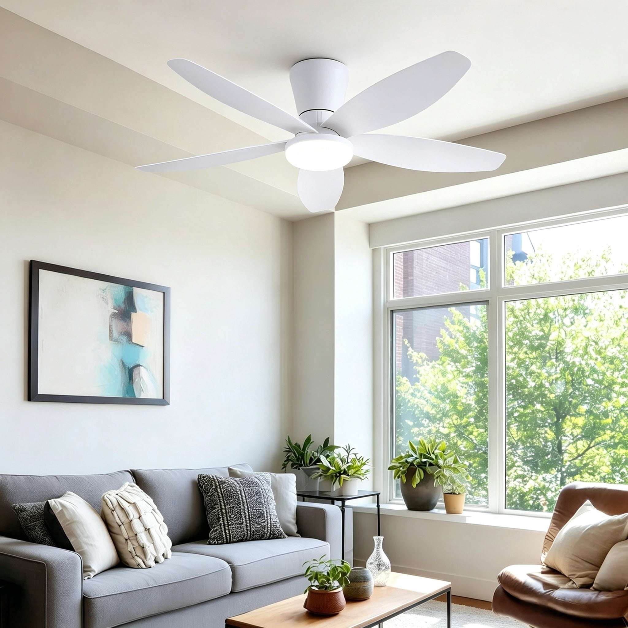 PHORUS 36" Low Profile Ceiling Fan with LED Light, Quiet DC Motor, Remote & App Control, Flush Mount Fan for Bedroom, Small Rooms and Apartments,White
