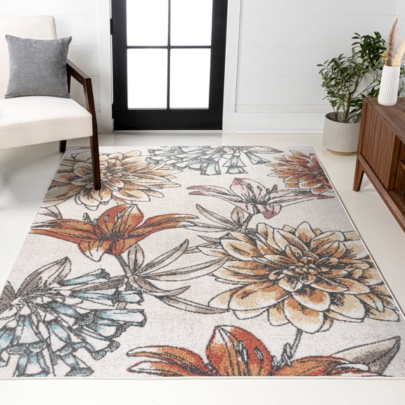JONATHAN Y CONTEMPORARY POP 3 x 5 Area Rug, Giglio Botanical Flower - Orange/Blue/Cream, CTP202B-3
