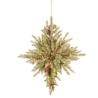 National Tree Company Pre-Lit Artificial Christmas Wreath, Green, Dunhill Fir®, Warm White Lights, LED, Battery Operated, Timer, Berries and Pinecones, 32 Inch