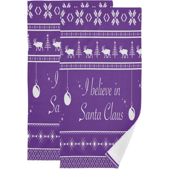 Purple Christmas Hand Towels 2 PCS, I Believe in Santa Claus Kitchen Towel Ultra Soft and Highly Absorbent,Decorative Fingertip Face Towel for Bathroom Hotel, 28.3"x14.4"