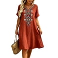 thumbnail image 6 of Bxsruta Women's Embroidered Cotton Casual Bohemian Smock Dress V Neck Short Sleeve Loose Flowy Midi Length with Pockets Pull on Lightweight Breathable Summer for Women, 6 of 7