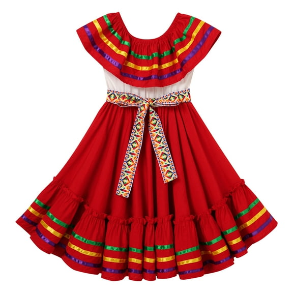 IBTOM CASTLE Toddler Girls Mexican Traditional Cinco de Mayo Fiesta Dress Rainbow Off Shoulder Folklorico Dresses 9-10 Years Red