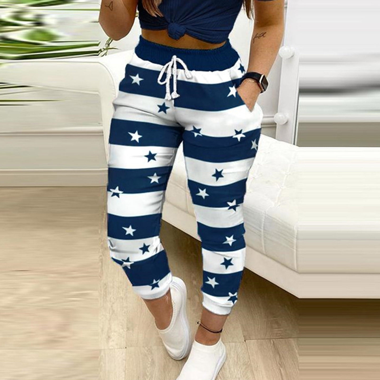 DAETIROS Athletic Works Women Pants Fashion Stripe Tie-Dye Printing  Elasticity Drawstring Lacing Pokets Splicing Casual Pants Trousers Daily  Navy Size M 