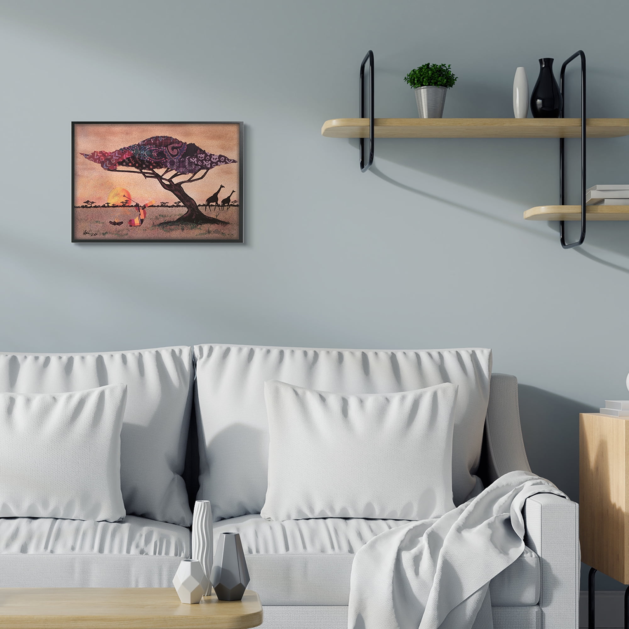 Stupell Industries African Sunrise Safari Landscape Man Playing Trumpet Novelty Painting Black Framed Art Print Wall Art, 16 x 20