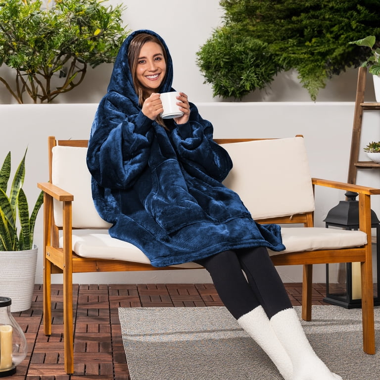 PAVILIA Blanket Hoodie, Oversized Sherpa Wearable Blanket, Navy