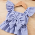 thumbnail image 5 of NOLDARES Toddler Girl Clothes Summer Baby Knit Ruffle Stripe Solid Sleeveless Shirts Tank Top Shorts Girls Outfit Set(A1-Purple,4-5 Years), 5 of 7