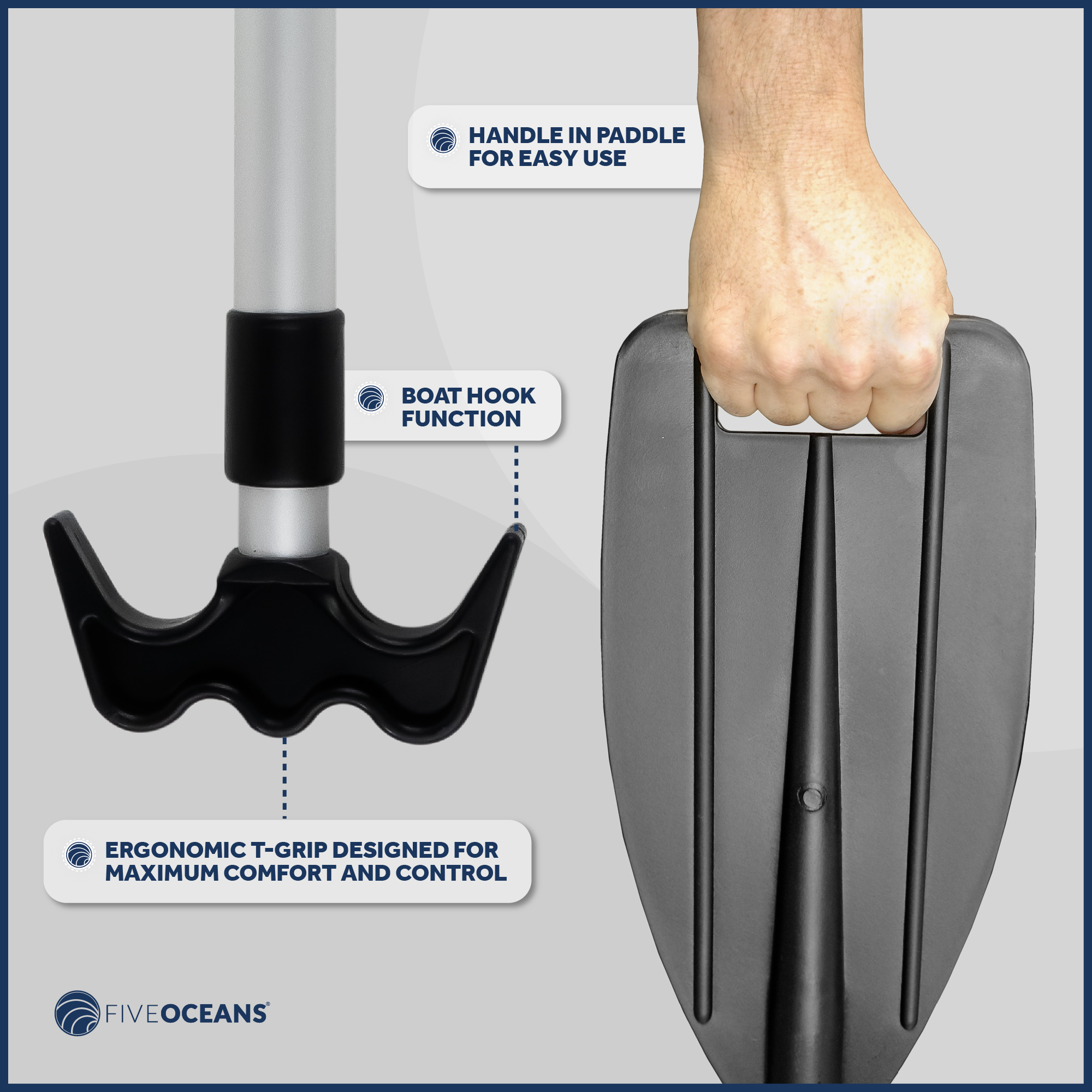 Five Oceans Kayak / Canoe Telescoping Paddle and Boat Hook, Black Extends 45 inches to 72 inches FO1885