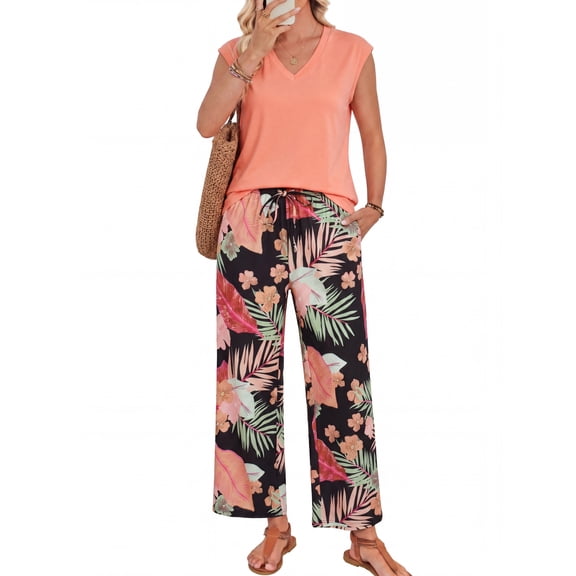 PINKSIR Two Piece Sets for Women Summer Outfits Oversized Wide Leg Crop Pants Lounge Sets Airport Beach Vacation Clothes