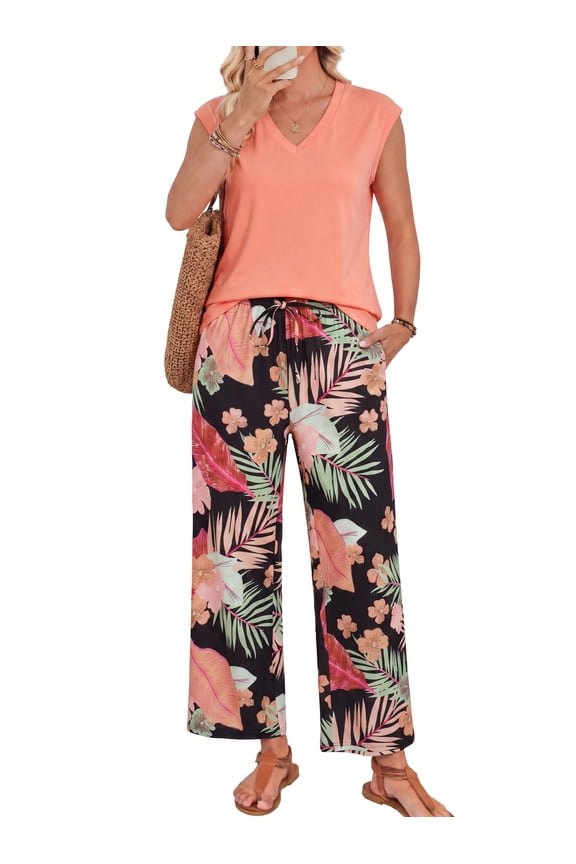 2 Piece Outfits for Women Coral Banana Leaf Wide Leg Pants Set V Neck Sleeveless Top Casual Vacation Lounge Matching Sets