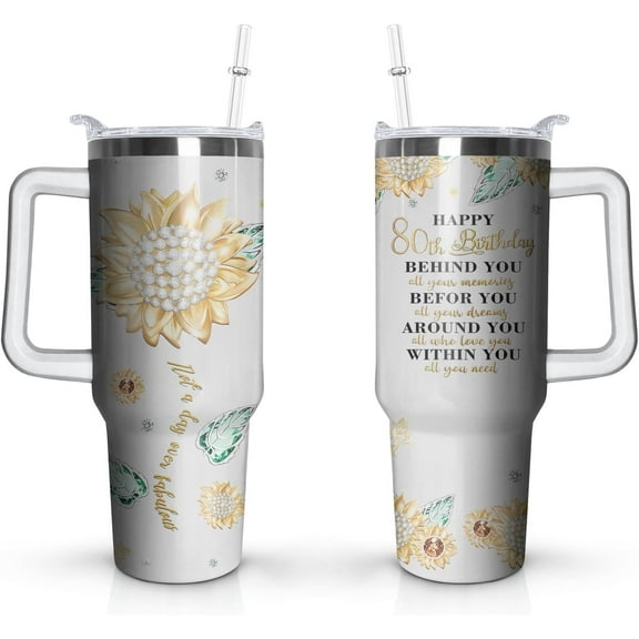 80th Birthday Gifts Cup, 40 Oz Stainless Steel Tumbler with Handle & Straw, 80 Year Old Birthday Gifts for Women Coffee Mug, 80th Birthday Decorations for Women, Happy 80th Birthday Gifts for Women
