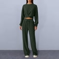 thumbnail image 4 of 2 Pcs/Set Women Top Pants Set Round Neck Long Sleeve Crop Top Drawstring Elastic Waist Wide Leg Sweatpants Sport Outfit Spring Autumn Tracksuit, 4 of 8