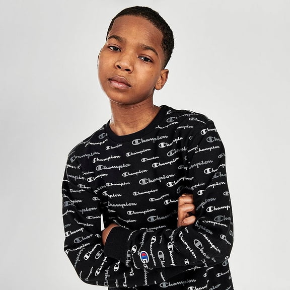 Champion Boys' Champion AOP Multi Script Crewneck Sweatshirt (Black, Large, L)