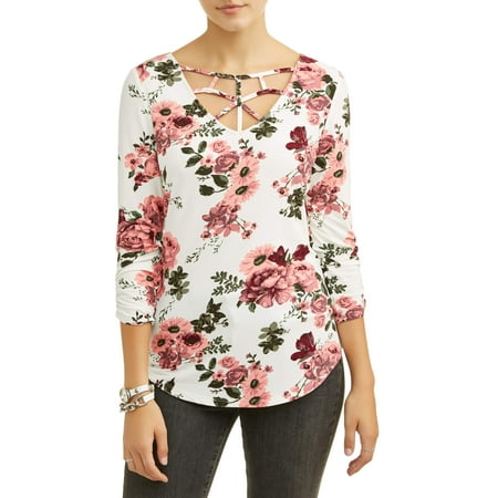 No Boundaries Juniors floral printed caged v-neck crochet lace back long sleeve t-shirt