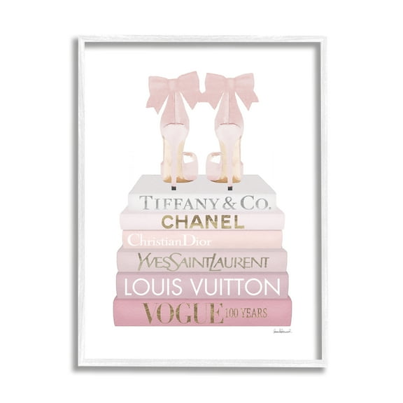 Stupell Industries Chic Pink Bow Shoes Glam Fashion Bookstack Beauty & Fashion Painting White Framed Art Print Wall Art, 24 x 30