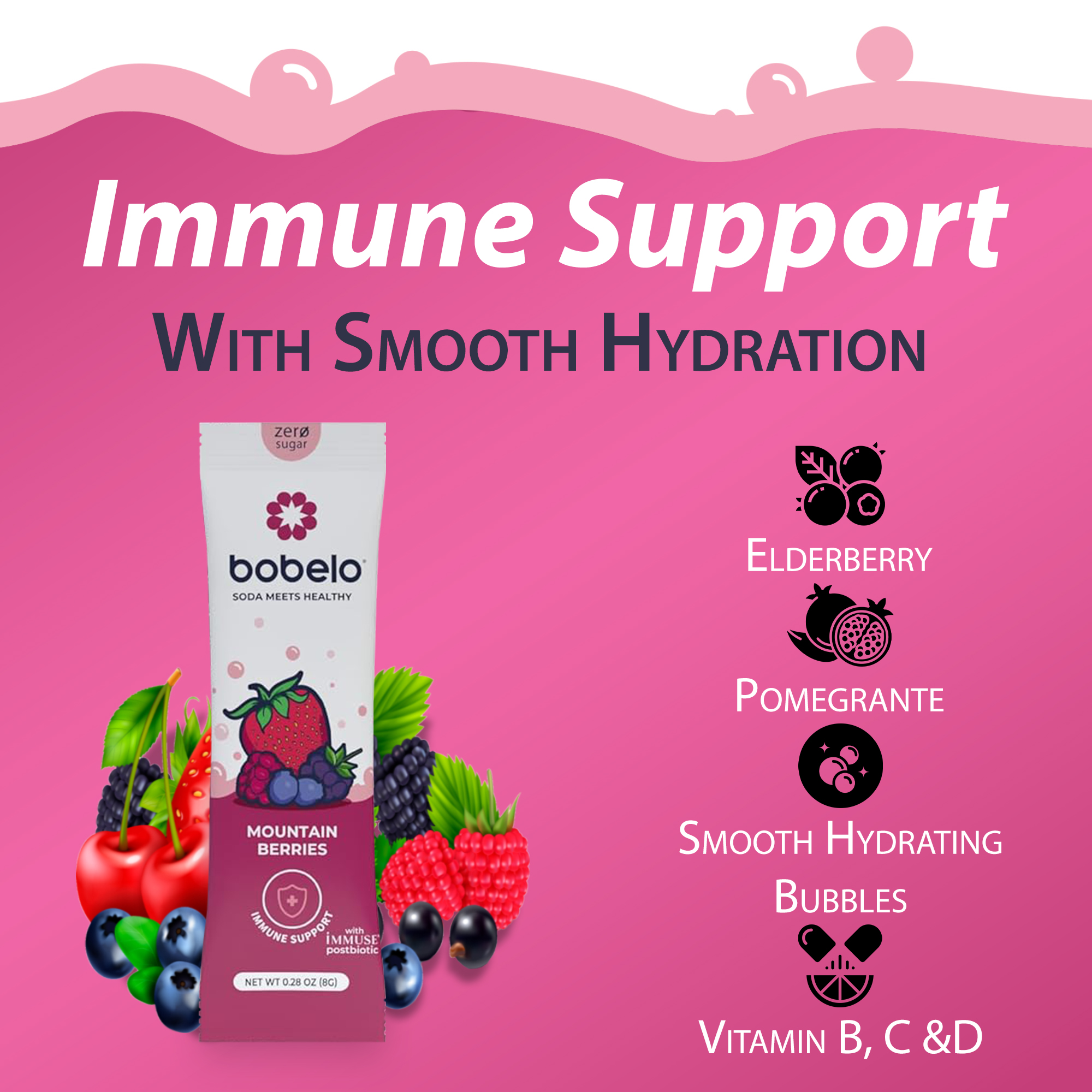 Bobelo Hydration Powder Packets, Mountain Berry, Immune Support Drink Mix, on-The-Go, 0.28 oz, 15 Ct