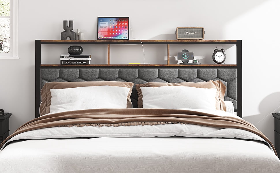 Yoneston King Size Bed Frame with Upholstered Storage Headboard and USB Charging, Retro Metal Platform Bed Frame with Under-Bed Storage Noise Free for Bedroom, Brown