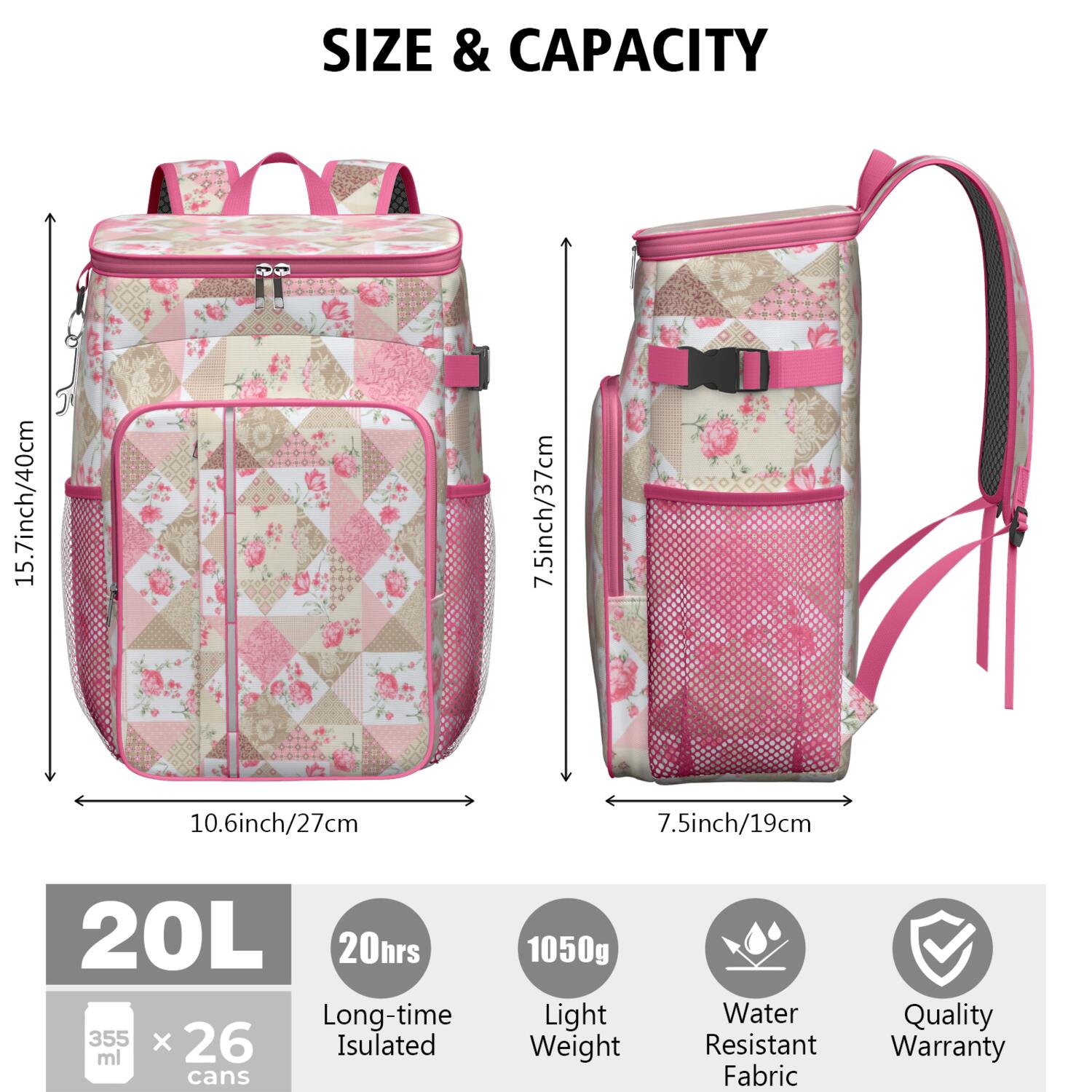 Travel Cooler Bag - Pioneer Flower Floral Print Pattern Camping Beer Cooler Backpack with Bottle Opener- Waterproof Insulated Picnic Backpacks - Cooler Bag for Beach