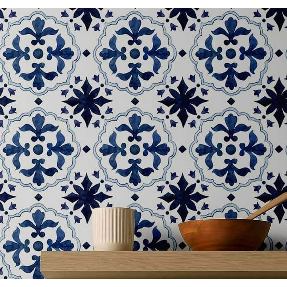 S4sassy Removable Vintage Style Waterproof Wall Wrap, Finish Mosaic Tile Wallcover, Classic Block Tile Contact Paper for Backsplash, Self Adhesive Vinyl Wallpaper Roll- Blue- 25"x120"