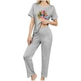thumbnail image 5 of Fewfanhot Women's Pajama Sets 3 Piece Cute Thanksgiving Turkey Print Pajama Set Short Sleeve Tee Lounge Shorts and Pants Sleepwear, 5 of 8