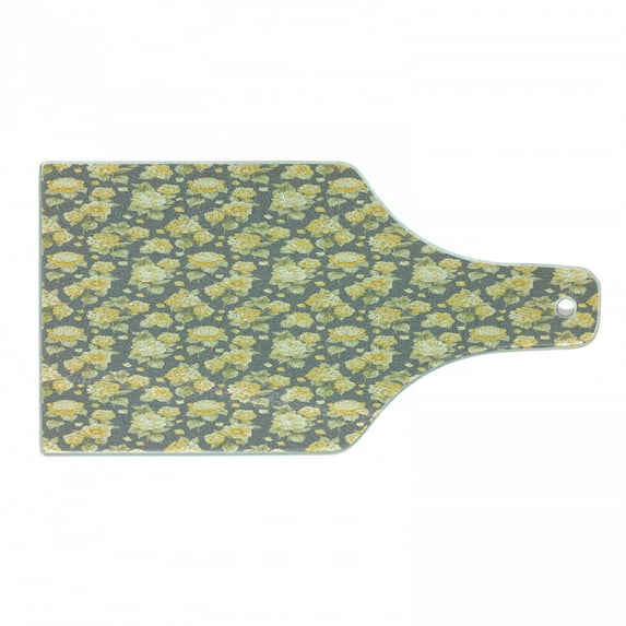 Flower Cutting Board, Hydrangea Chrysanthemum Hortensia Pattern Countryside Old Style Illustration, Tempered Glass Cutting and Serving Board, Wine Bottle Shape, Yellow Grey Green, by Ambesonne