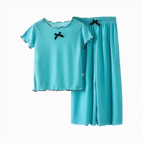 Kogui Girls 2 Piece Outfits Girls 2 Piece Outfits Short Sleeve T-Shirt & Flared Pants Summer Clothing Set 5T 6T (Blue,5-6 Years)