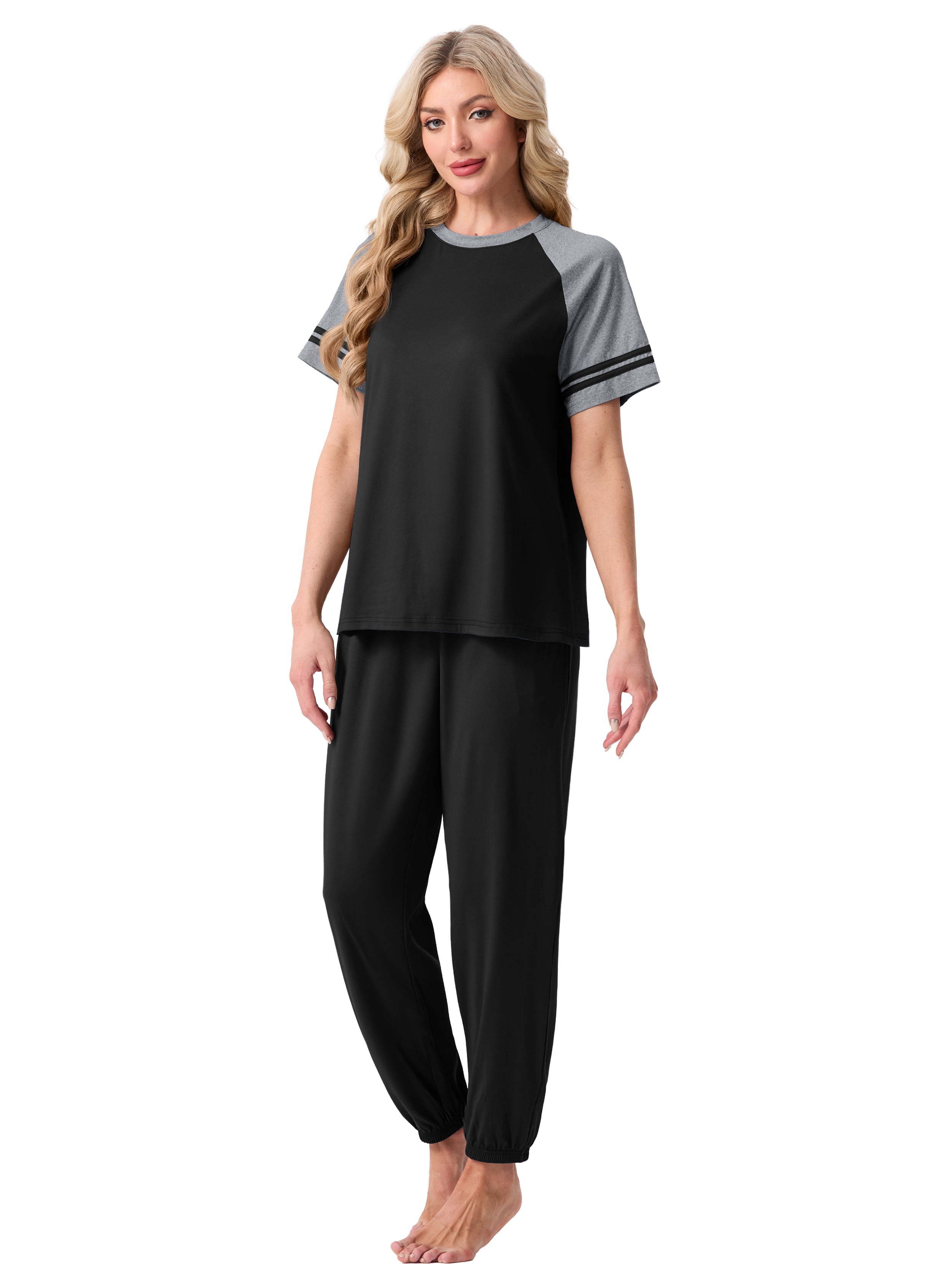 MINTREUS Lounge Sets for Women Two Piece Pajama Set Short Sleeve Pjs Joggers Long Pants Tracksuit with Pockets