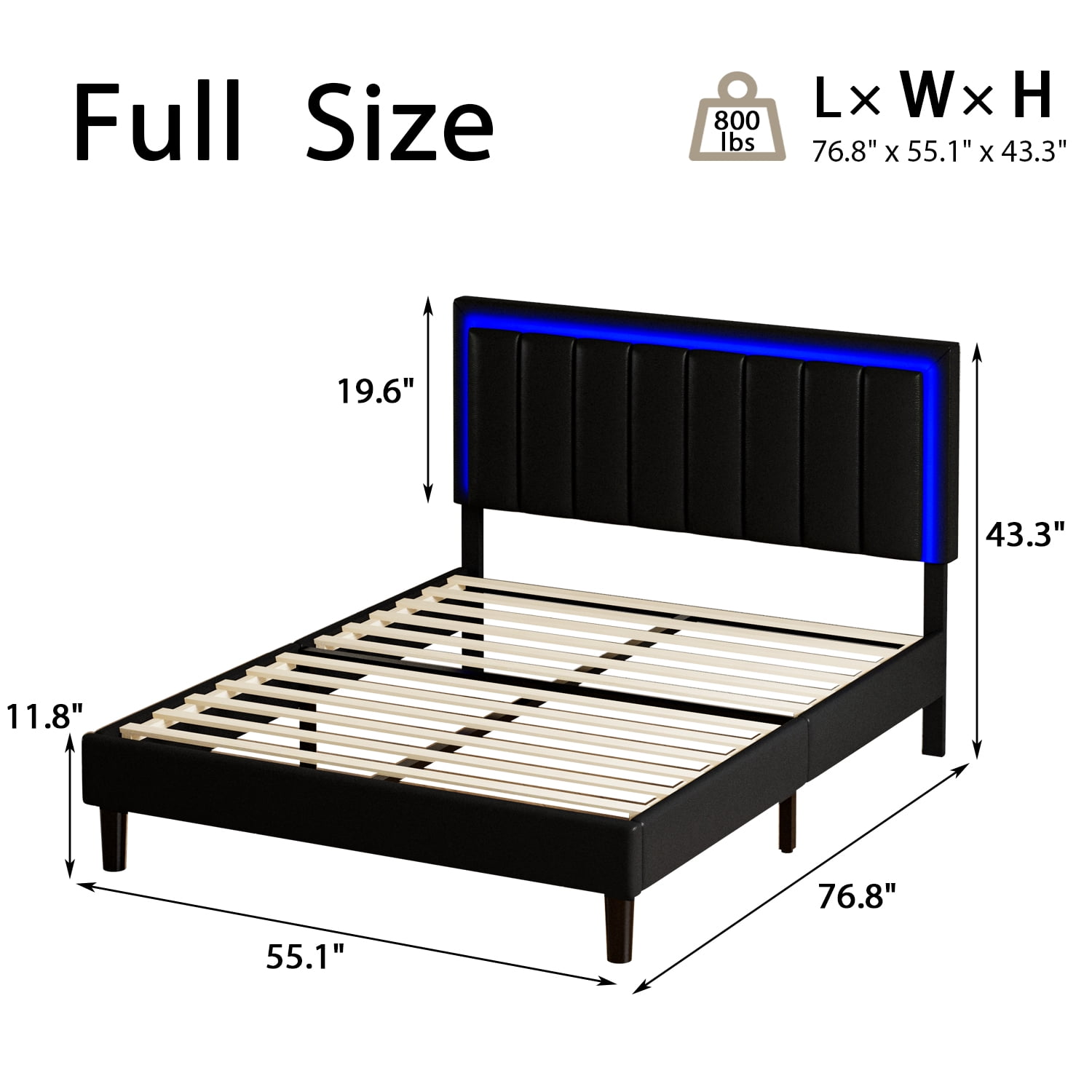 4 EVER WINNER Full Bed Frame with LED Light, Upholstered Platform Bed Frame with Headboard, Black