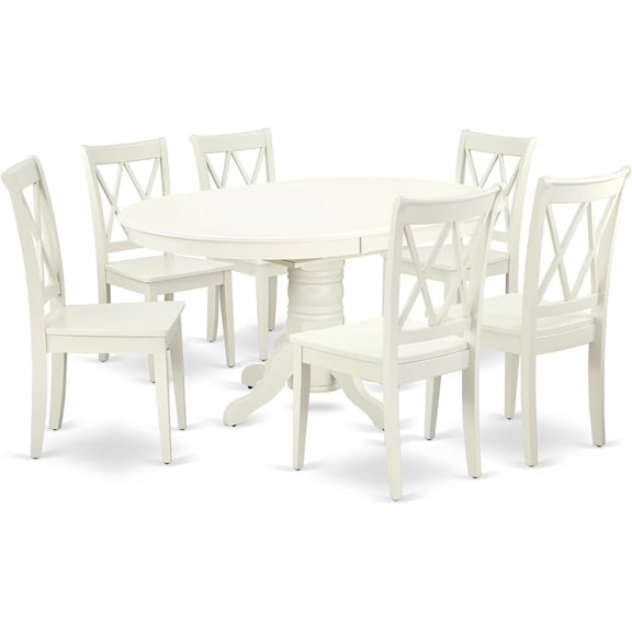 HomeStock 7 Piece Dining Table Set Consist of an Oval Wooden Table with Leaf and 6 Dining Room Chairs, 42x60 Inch, Linen White