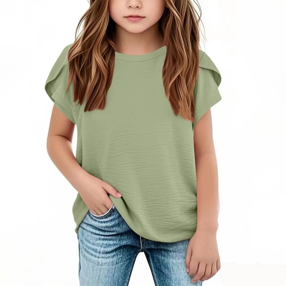 Girls Shirts Girls Summer Shirts Girls Short Sleeve Muslin Petal Sleeve Solid Color Breathable Round Neck Children's Spring And Summer Short Sleeve Beach Top 5 15 Years Old