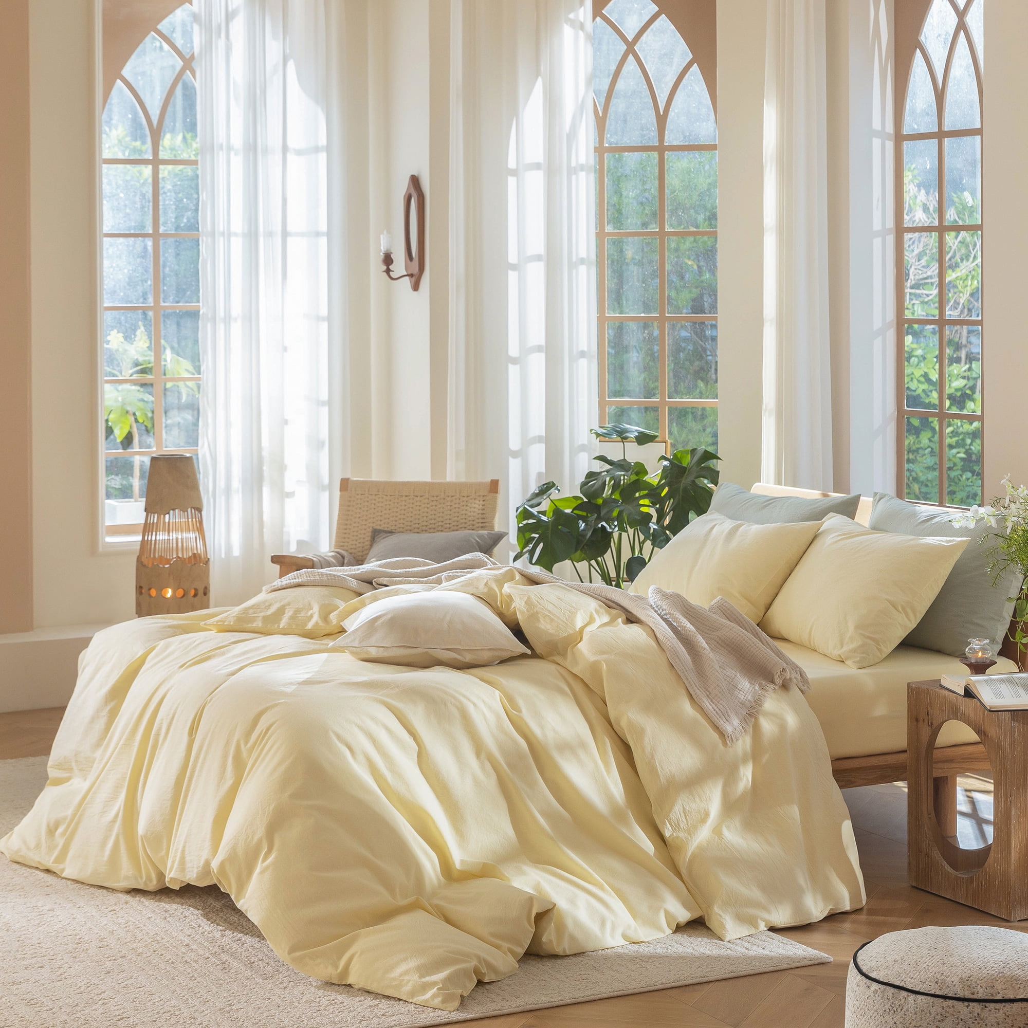 MooMee 100% Washed Cotton Duvet Cover Set Twin Linen Like Textured Breathable Lightweight 2-Piece (Butter Yellow, 68"x90")