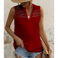 thumbnail image 3 of Blusa de verano para mujer, color rojo vino, cuello en V, sin mangas, con encaje recortado, blusa para mujer, color rojo vino XXL, 3 of 5