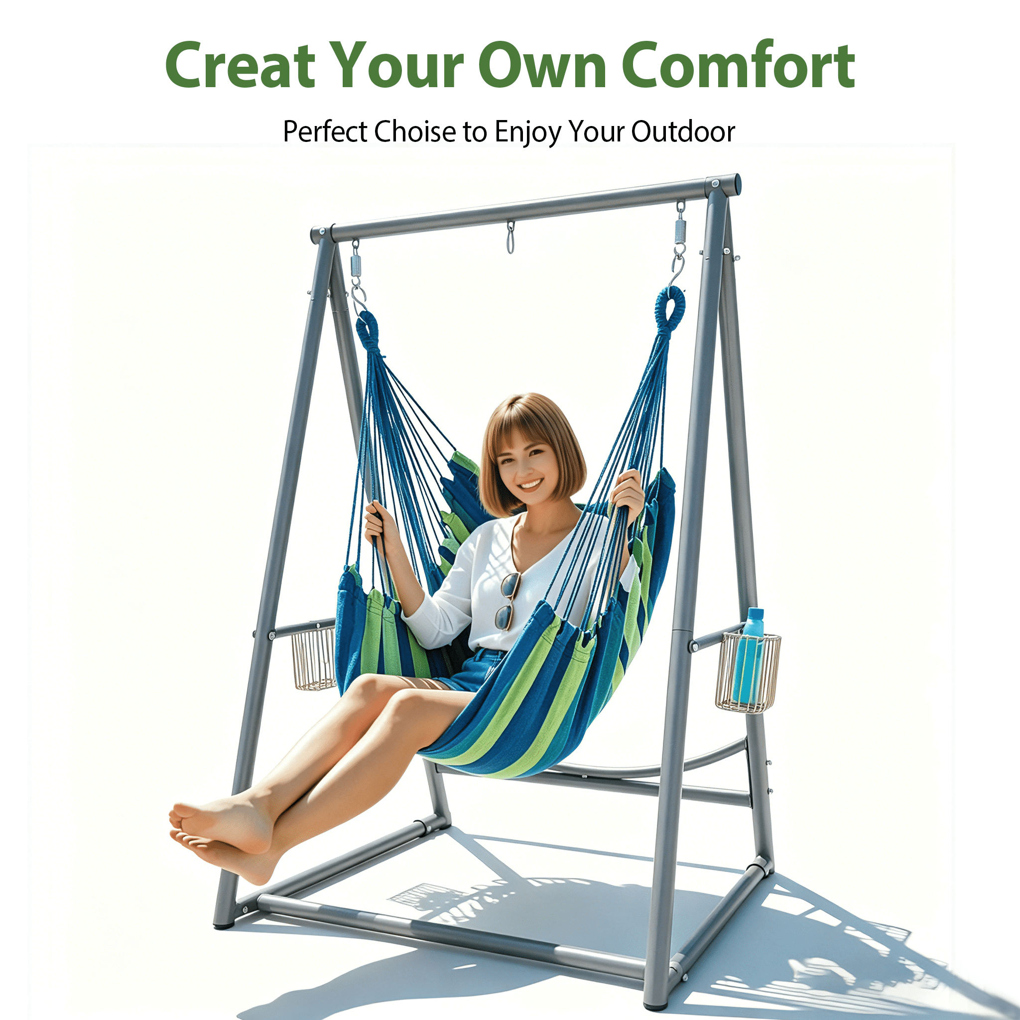 Hammock Chair Hanging Rope Swing & Stand Set with Two Holders, Heavy Duty Hanging Stand with Three Hooks, Multi-Use for Indoor Outdoor Patio Yard Garden (Grey)