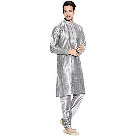 

Royal Kurta Men s Silk Blend Pintuck Thread Sherwani Silver