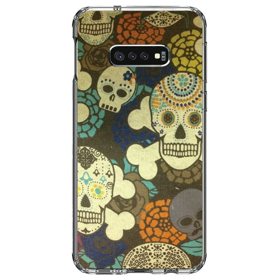 DistinctInk Clear Shockproof Hybrid Case for Samsung Galaxy S10e (5.8" Screen) - TPU Bumper, Acrylic Back, Tempered Glass Screen Protector - Sugar Skulls Green Orange