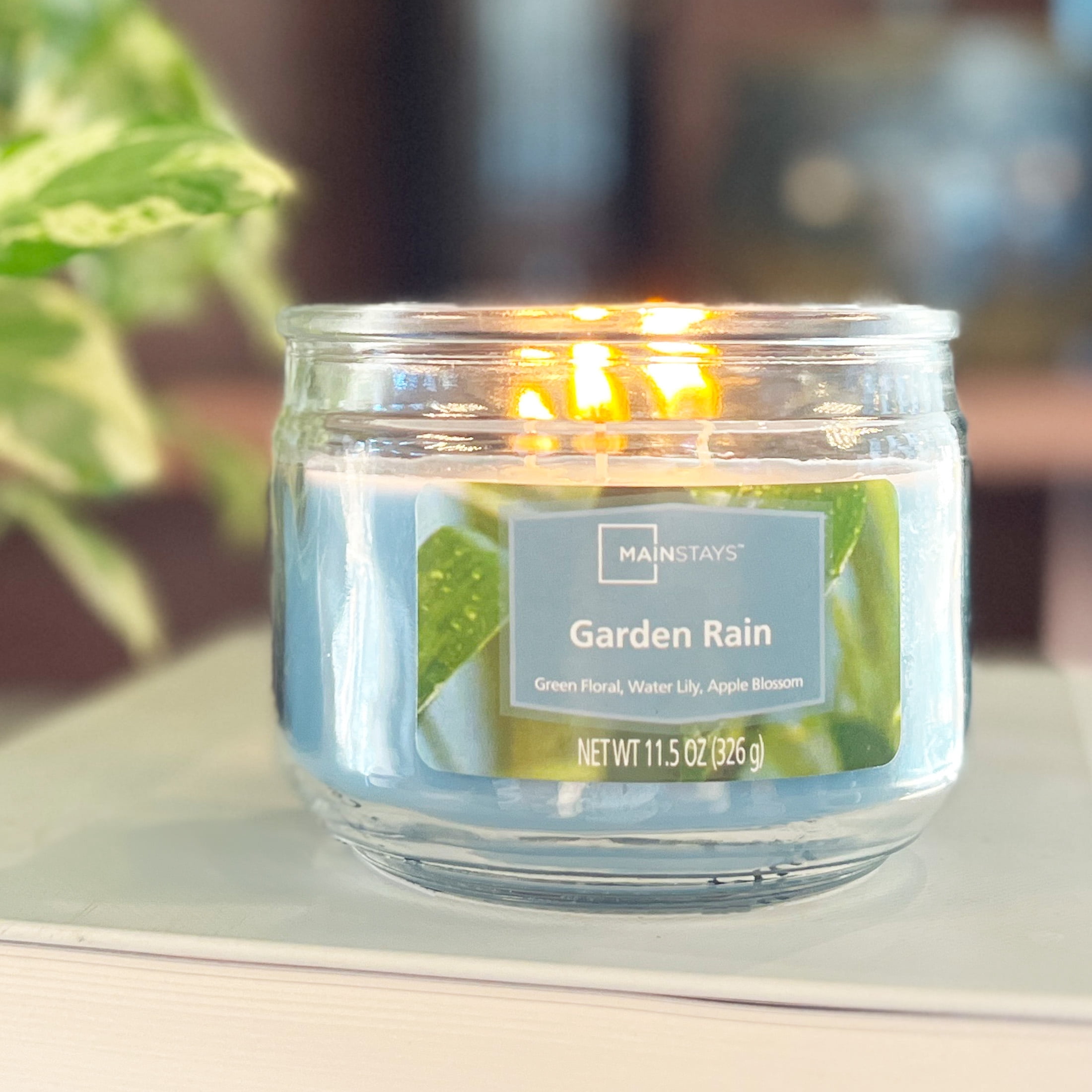 Mainstays 3-Wick Glass Jar Candle, Garden Rain, Blue, 11.5 oz