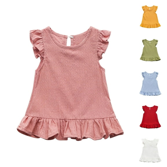 Ashirexll Girls Shirts, Summer Top, 1-7 Years Toddler Girls Cute Solid Color Soft Ruffle Sleeve and Bottom Casual Summer Tops