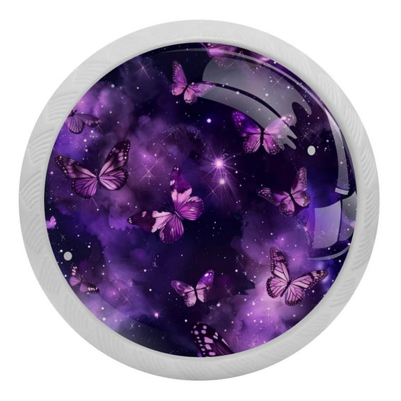 PhooArto Purple Galaxy and Butterfly 4 PCS Crystal Glass Cabinet Knobs, Drawer Kitchen Cabinets Dresser Cupboard Wardrobe Pulls Handle - Glowing in the Dark
