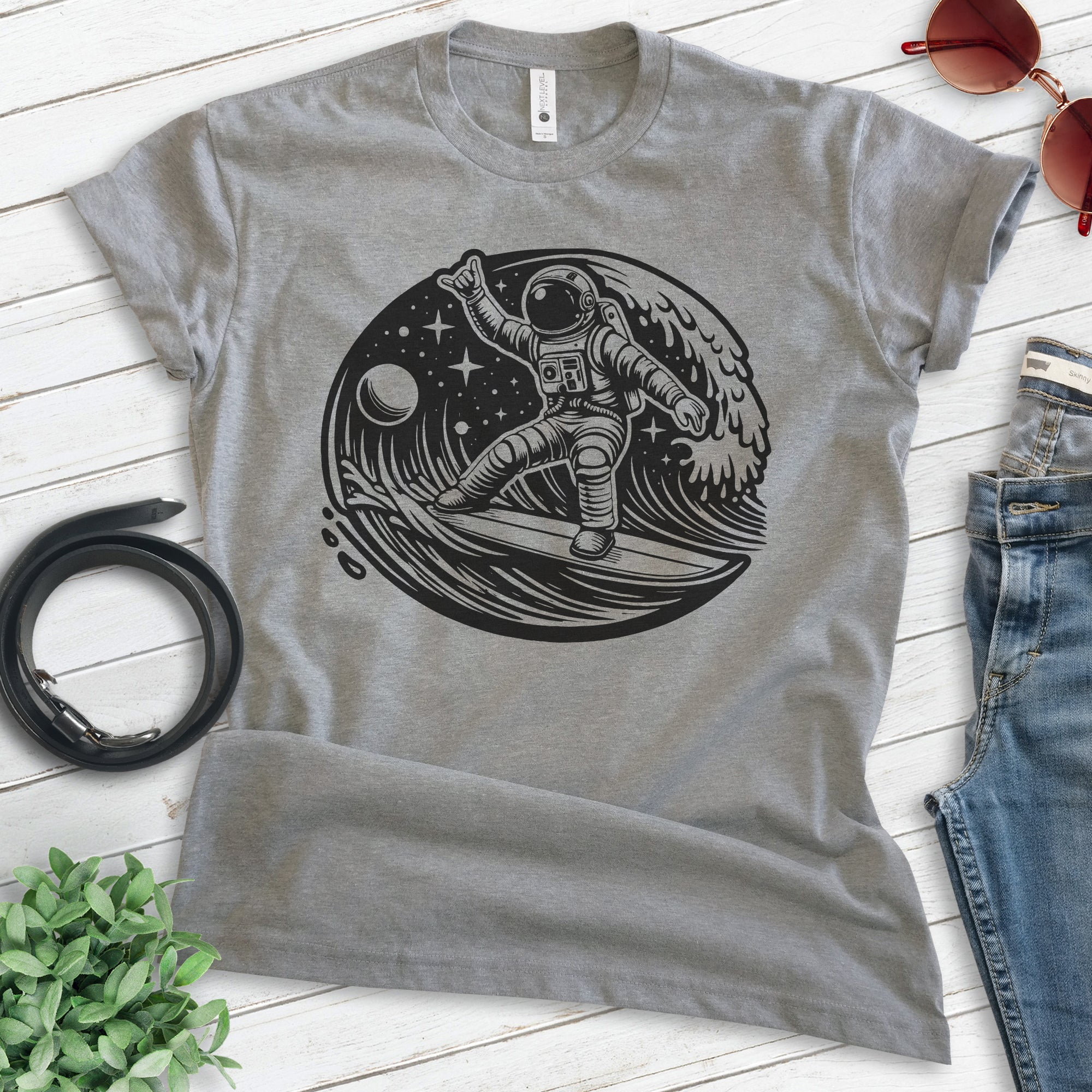 Astronaut Surfing T-shirt, Unisex Women's Men's Shirt, Astronaut Outer Space Surfer Cosmic, Dark Heather Gray, Small