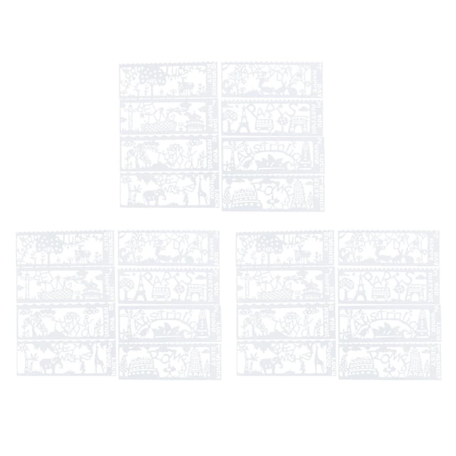 plantilla de dibujo gloria de 24 piezas para manualidades de diario paquete multicolor PET, 17x6 cm cada una; vista frontal centrada de plantillas rectangulares con tiras recortadas de escenas, animales y motivos festivos; incluye 8 estilos x 3 piezas, adecuada para decorar cuadernos A5, agendas y álbumes de recortes; también suele usarse para crear tarjetas y pegarlas dentro del diario.