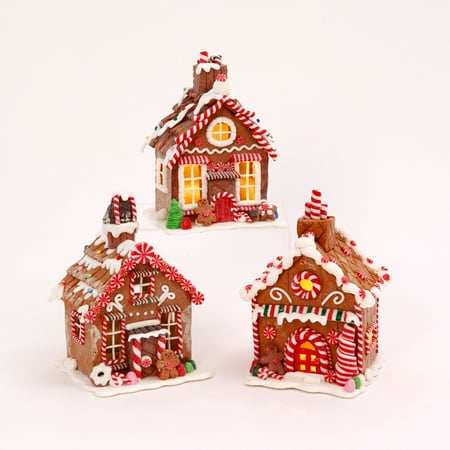 Gerson Assorted Set of 3 Battery-Operated Clay Gingerbread House