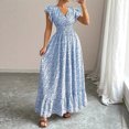 thumbnail image 2 of Women's Summer Floral Long Dress with Ruffled V-Neck and Short Sleeves, Large Hem Dress, 2 of 9