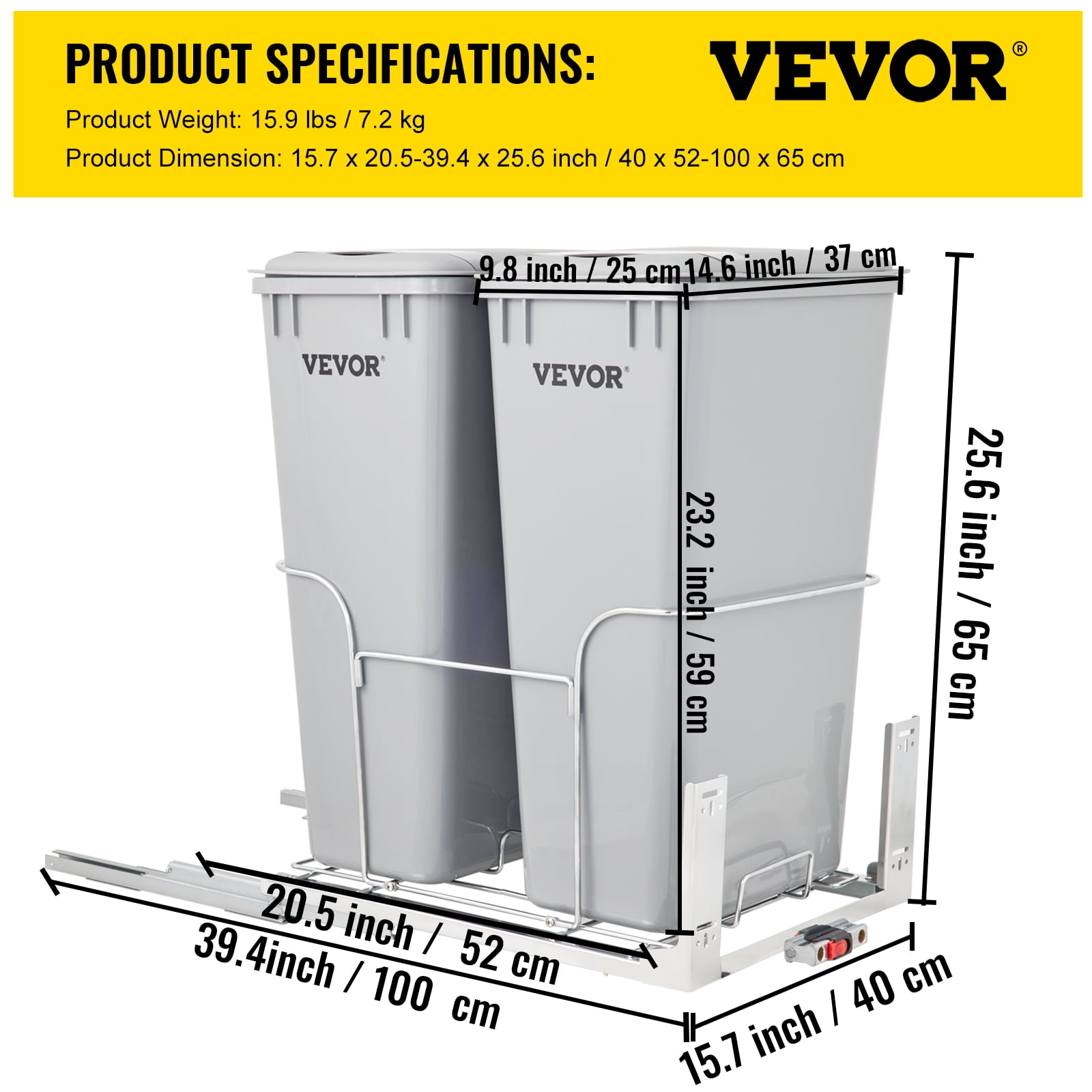 VEVOR 9 Gal. Pull-Out Trash Can 44 lbs. Load Capacity 2 Bins Under