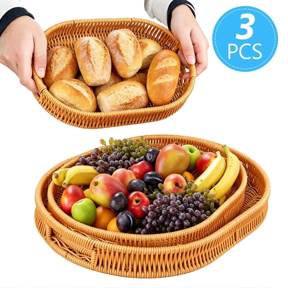 Tripumer 3Pcs Wicker Bread Basket Set with Handles Fruit Tray Suitable for Vegetables, Snacks Storage Living Room Kitchen Bathroom Desktop Storage Basket - Oval Brown