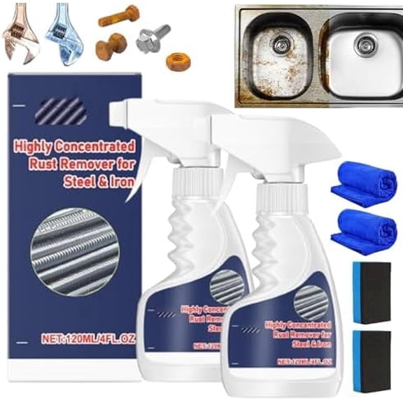 Powerful Rust Remover for Metal and Stainless Steel, Highly Concentrated Steel Rust Remover, Quick and Easy Rust Removal, Multipurpose for Tools, Car and Appliances (2pcs)
