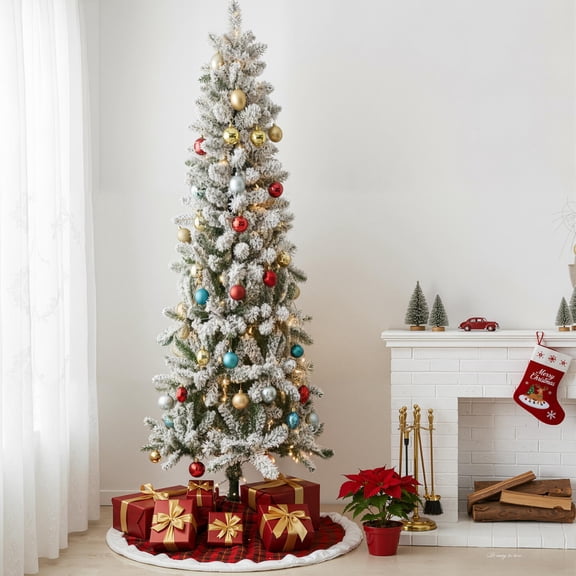 EDX 9ft Pre-lit Snow Flocked Pencil Christmas Tree, Prelighted Artificial Slim Christmas Trees, With 500 Incandescent Lights, 1100 Branch Tips & Foldable Base, For Home, Office, Party Decoration