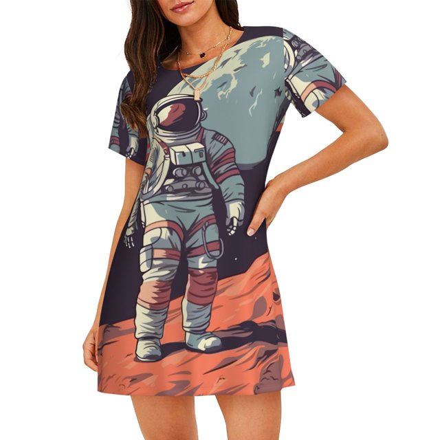 Vsdgher Astronaute avec Motif Drapeau Américain Chemise de Nuit à Manches Courtes Col Rond Mignonne Robe de Nuit Confortable