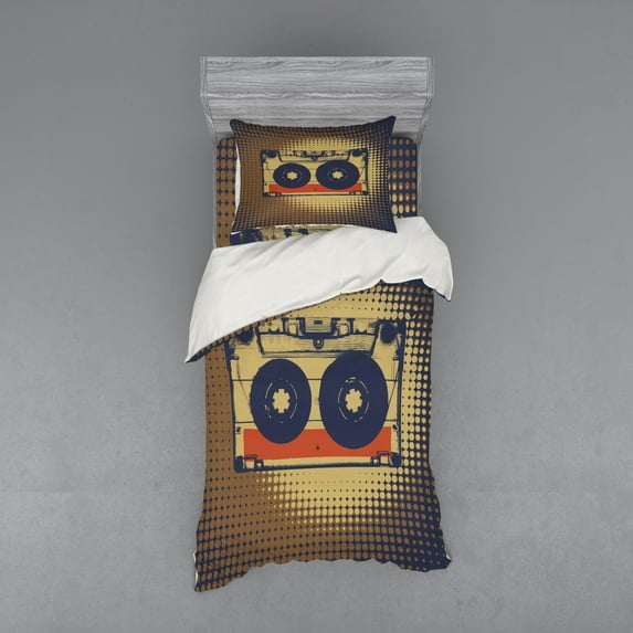 Ambesonne Vintage Bedding Set 3 Pcs, Audiocasette Music Fun, Twin, Night Blue Tan Orange