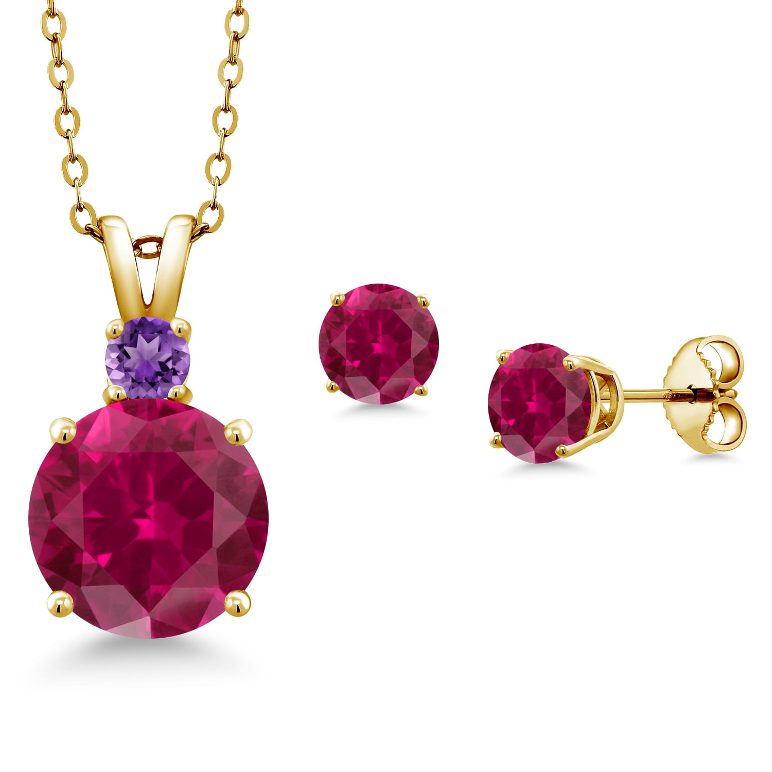 Gem Stone King 18K Yellow Gold Plated Silver Round Red Created Ruby and Purple Amethyst Pendant and Earrings Jewelry Set for Women (5.36 Cttw, Gemstone Birthstone, with 18 inch Chain)