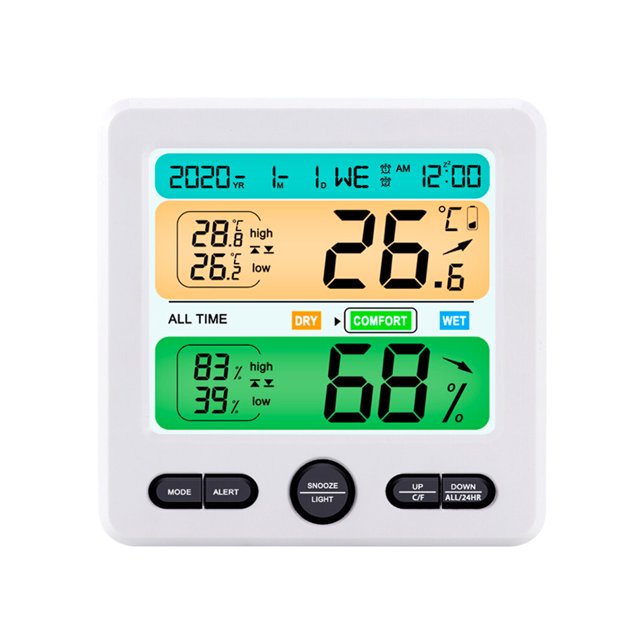 Moyic Termómetro digital Higrómetro Reloj Pantalla HD Despertador con unidades duales Alarmas duales Medidor interior Medidor electrónico Termómetros Blanco