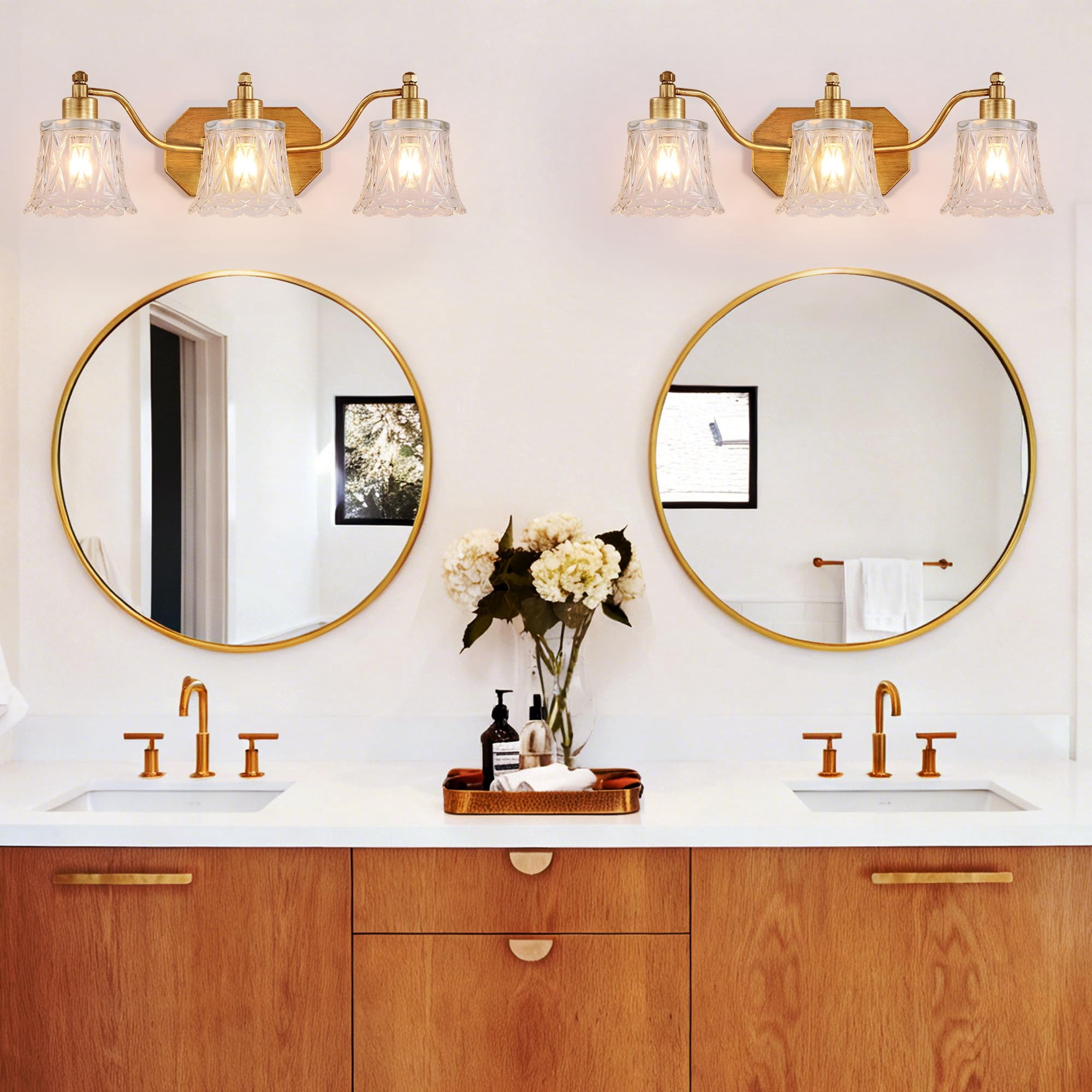 22" Gold Bathroom Light Fixture  3 Brass Vintage Vanity Antique Finish With Crystal Glass Shade Suit For Bedroom Or Hallway